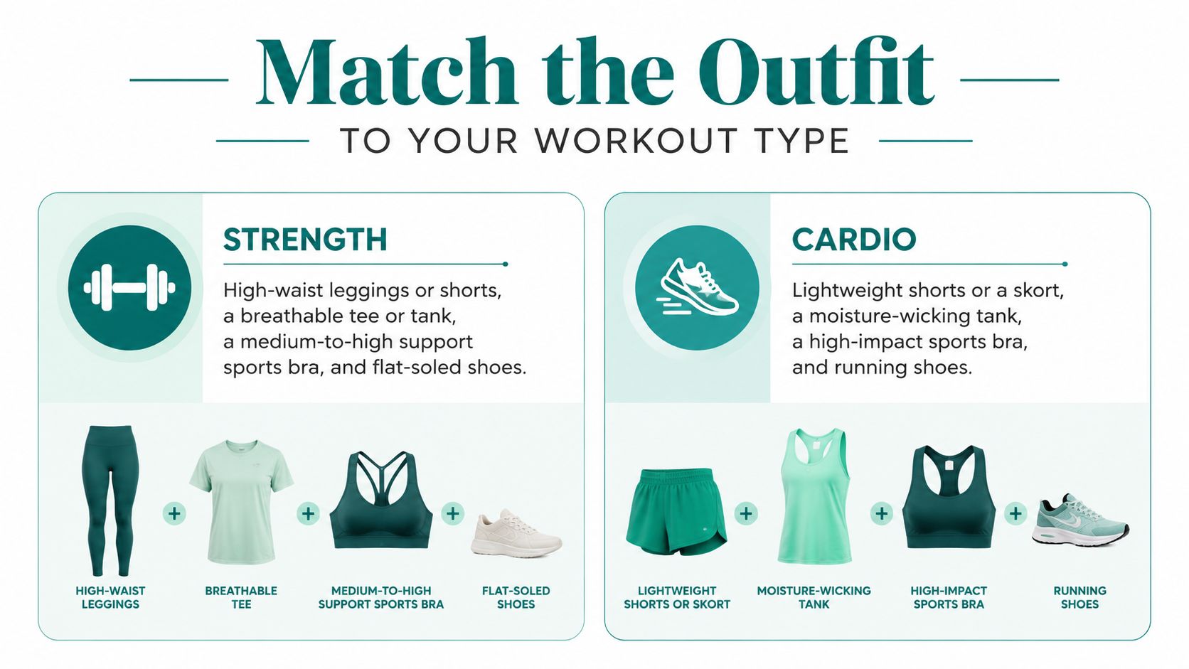 An infographic showing recommended gym clothing for women divided into strength training and cardio workout categories.