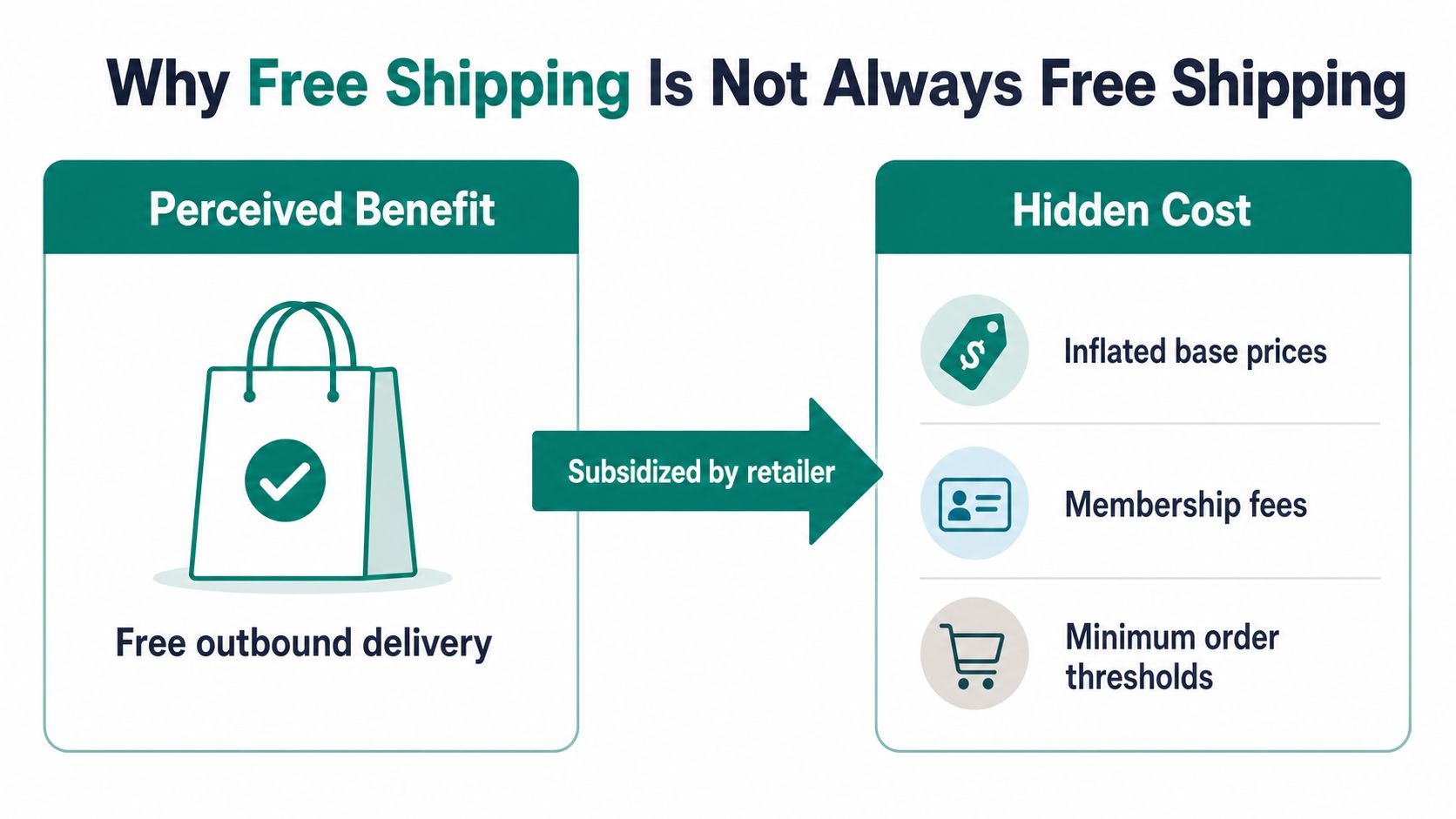 An infographic explaining how free shipping often includes hidden costs like higher prices or membership fees.