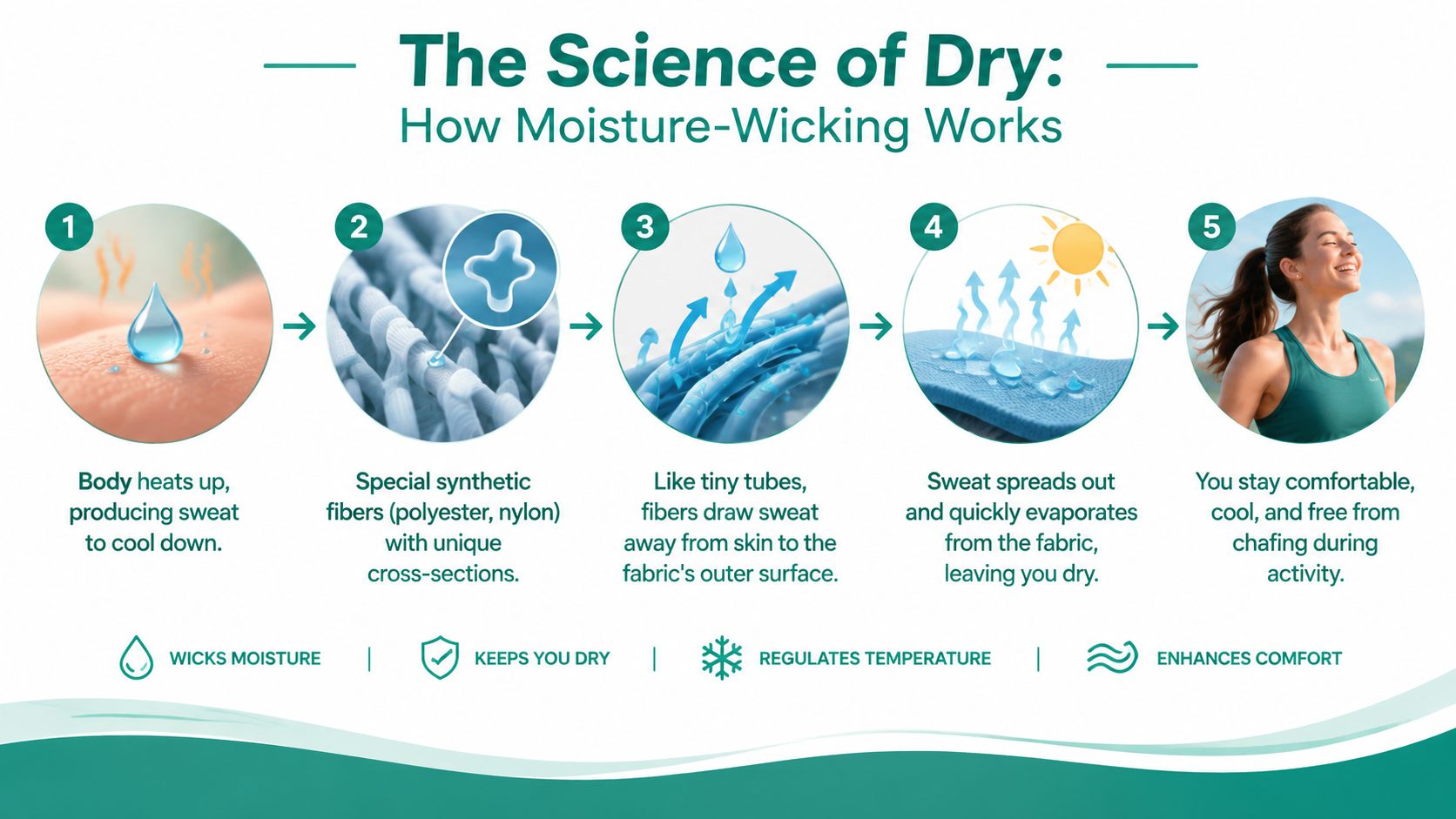 An infographic titled The Science of Dry explaining the five-step process of how moisture-wicking fabric works.