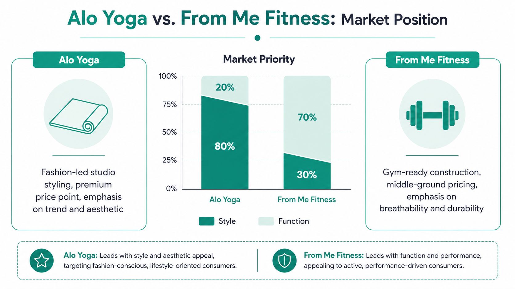 A comparison chart showing Alo Yoga and From Me Fitness market positioning based on style and function.