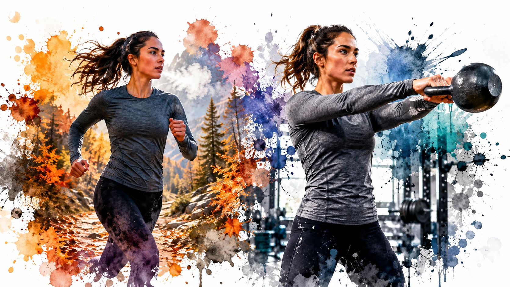 A dual-style image of a woman wearing a grey long sleeve athletic shirt exercising outdoors and indoors.