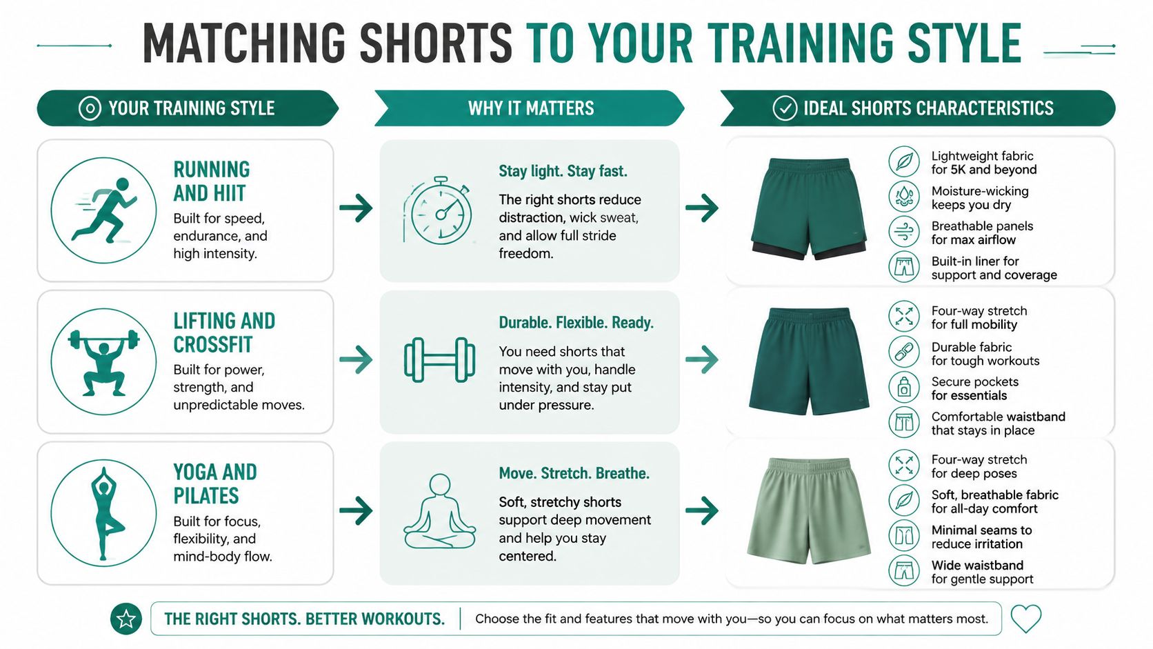 An infographic matching different workout styles like running, lifting, and yoga to the ideal shorts characteristics.