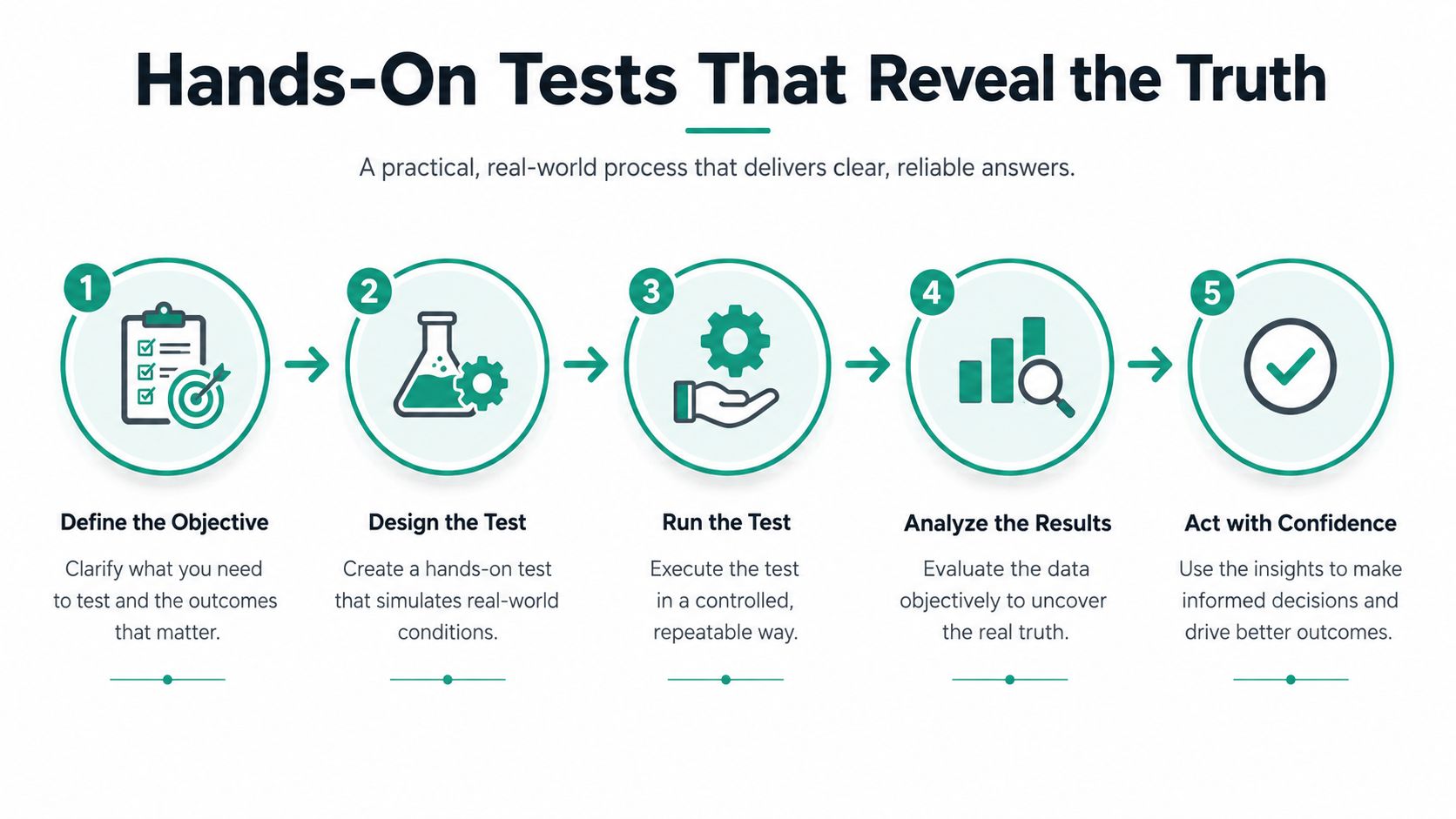 A five-step process diagram titled Hands-On Tests That Reveal the Truth for making data-driven decisions.