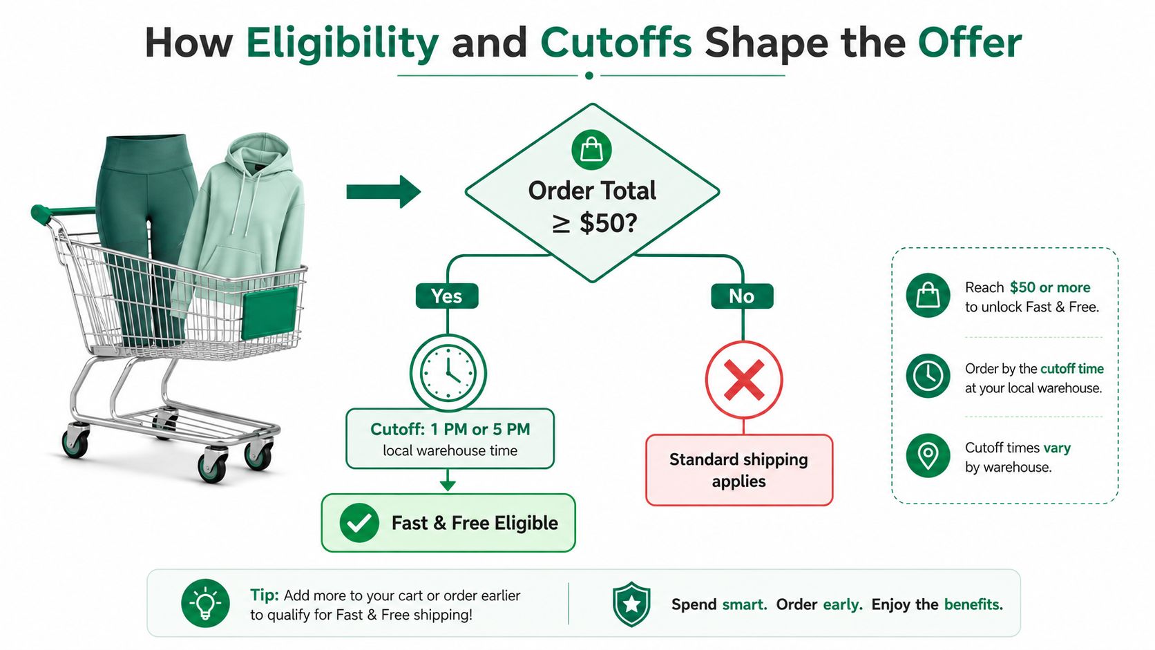 A flowchart explaining how order totals and cutoff times determine eligibility for Fast & Free shipping benefits.