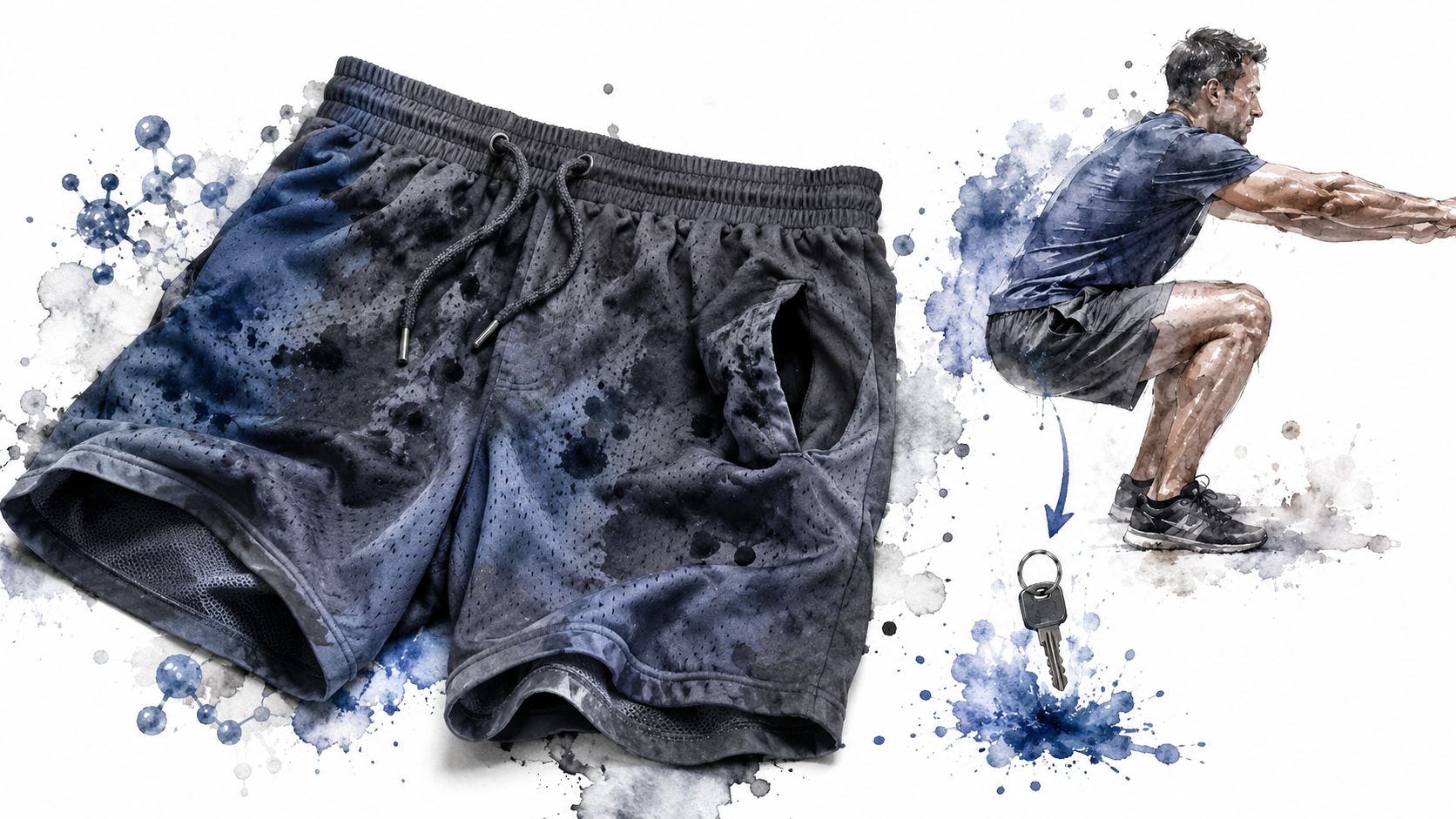 A pair of athletic gym shorts shown next to a man doing squats and a single key.