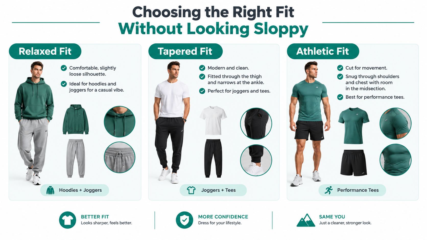 A guide illustrating three types of men's clothing fits including relaxed, tapered, and athletic styles.