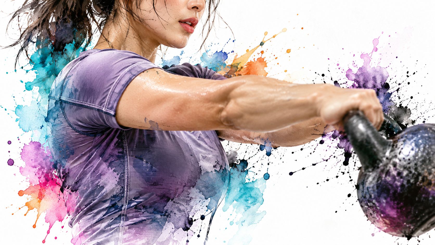 A fit woman wearing a short sleeve purple workout top doing a kettlebell swing exercise