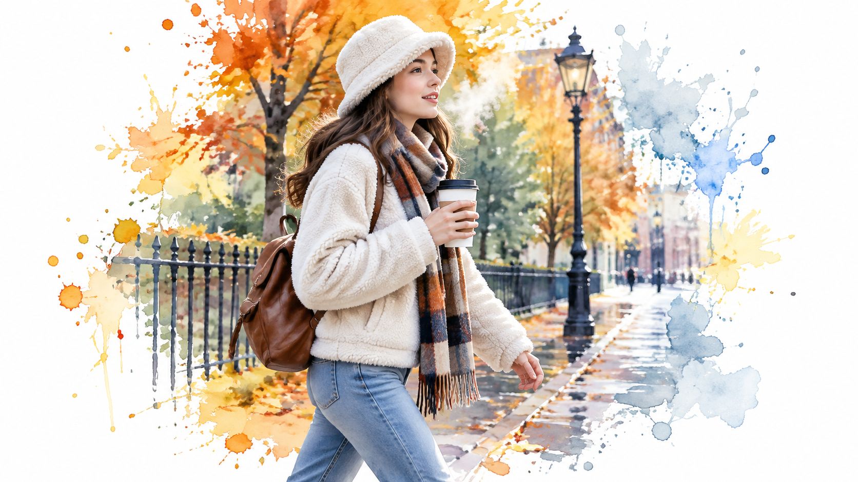 A stylish young woman wearing a white sherpa bucket hat walks down a scenic autumn street.