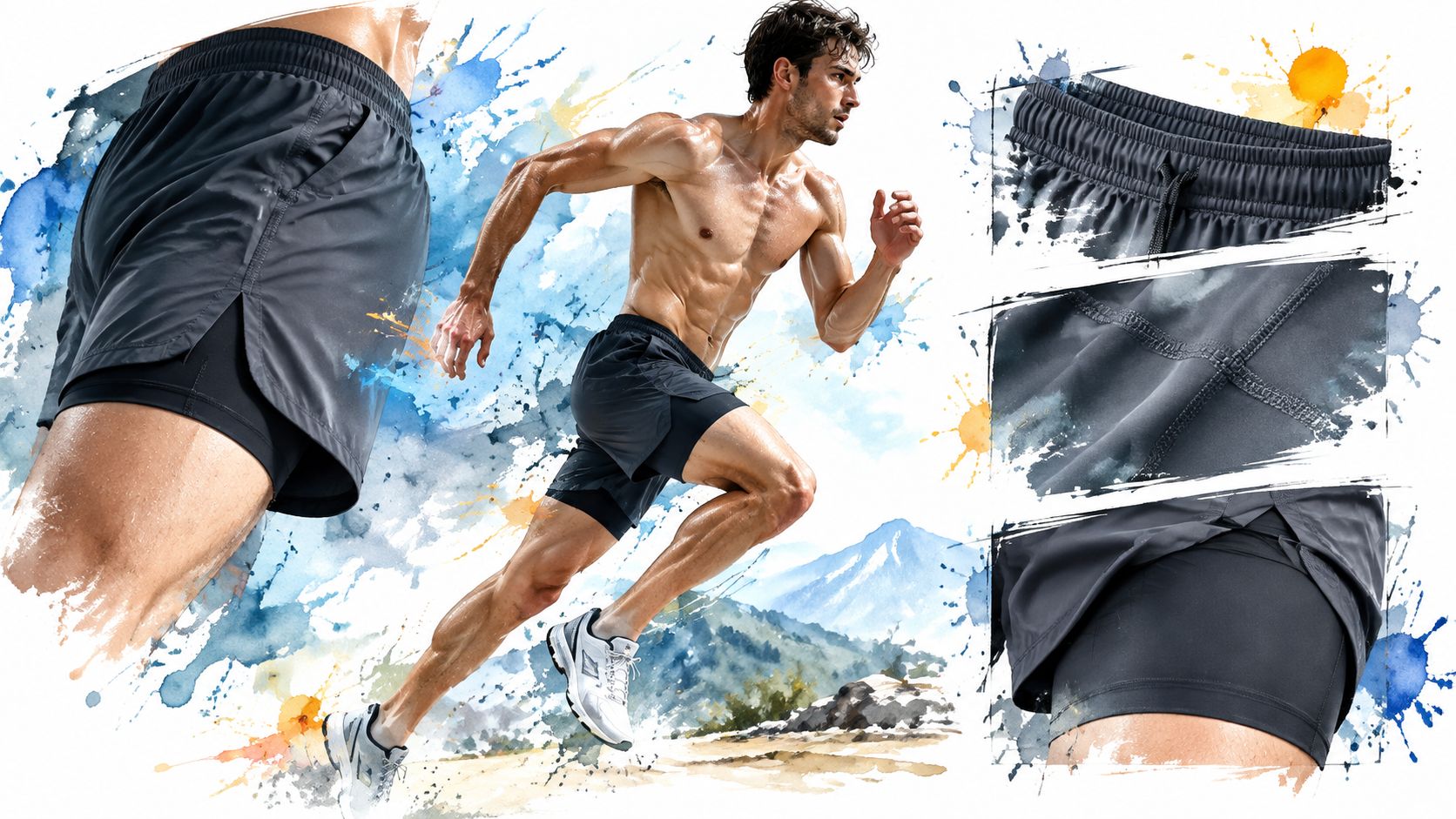 A fit man running, with close-up details of dark moisture-wicking athletic shorts for men.