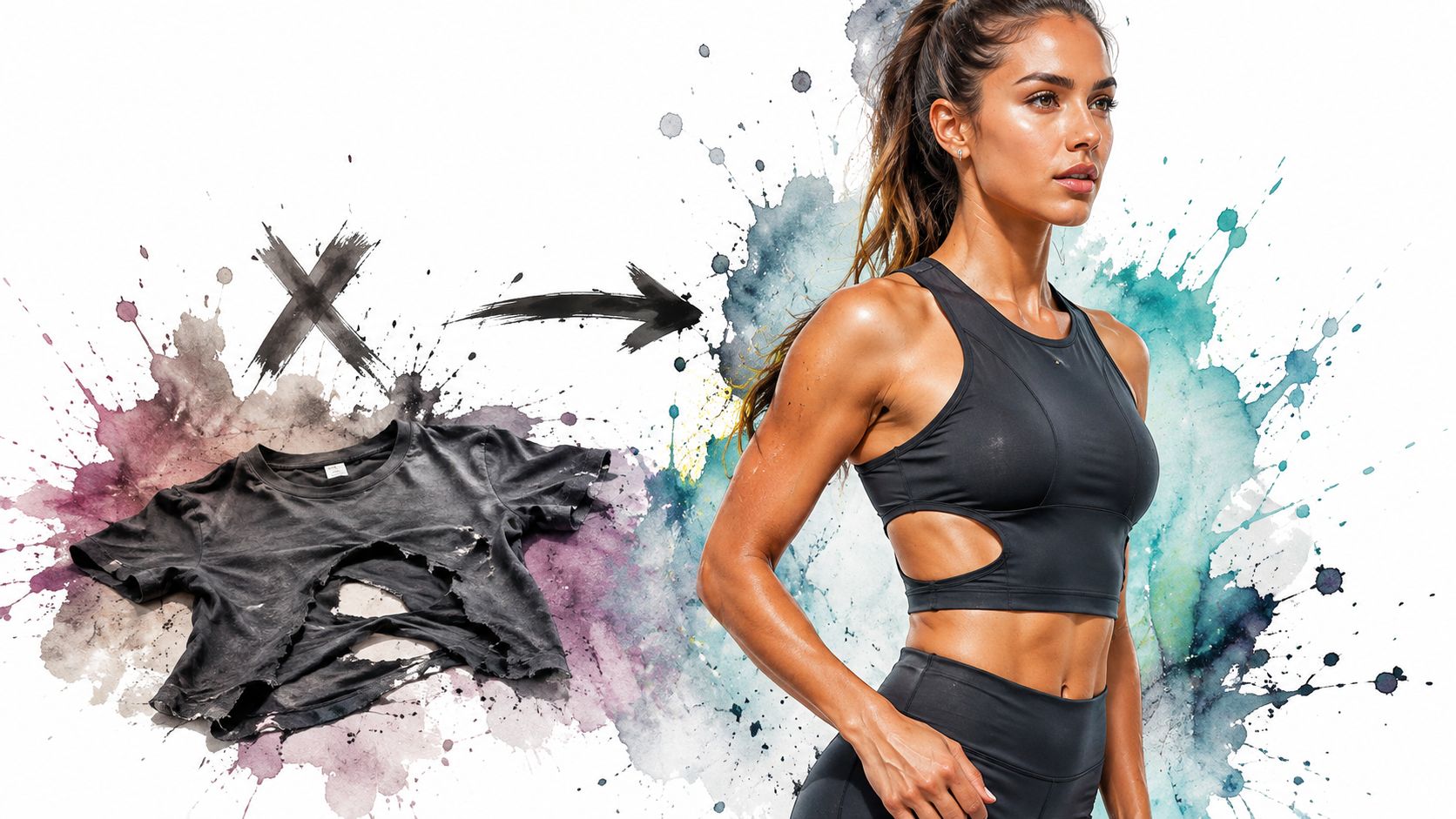 A distressed black t-shirt transitioning into a fit woman wearing a modern black cut-out athletic tank top.