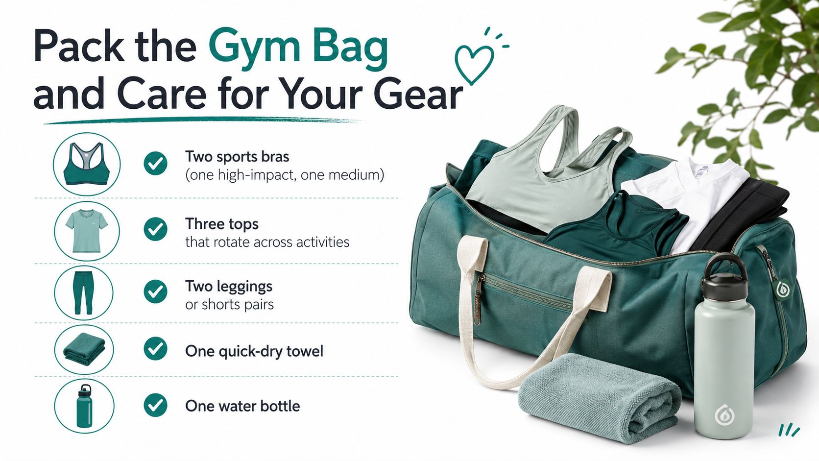 A checklist showing essential items to pack in a woman's gym bag, including clothes, towel, and bottle.