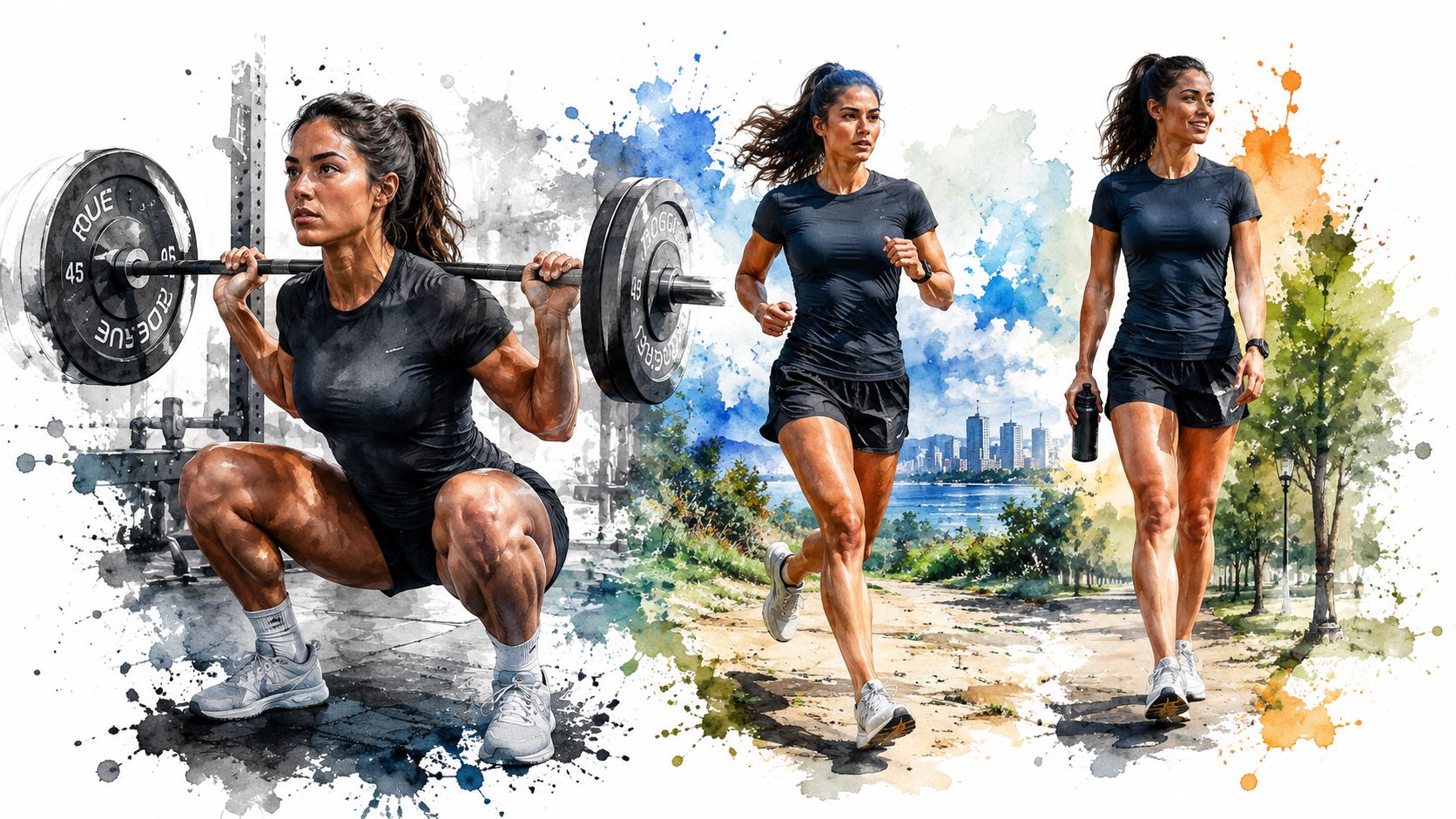 A woman in a black athletic top performing squats, running, and walking during her fitness workout routine.