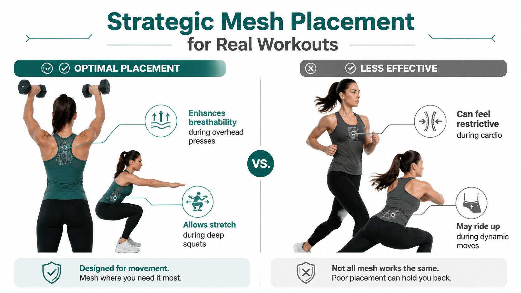 A comparison infographic showing optimal versus poor mesh placement on women's athletic tank tops for workout performance.