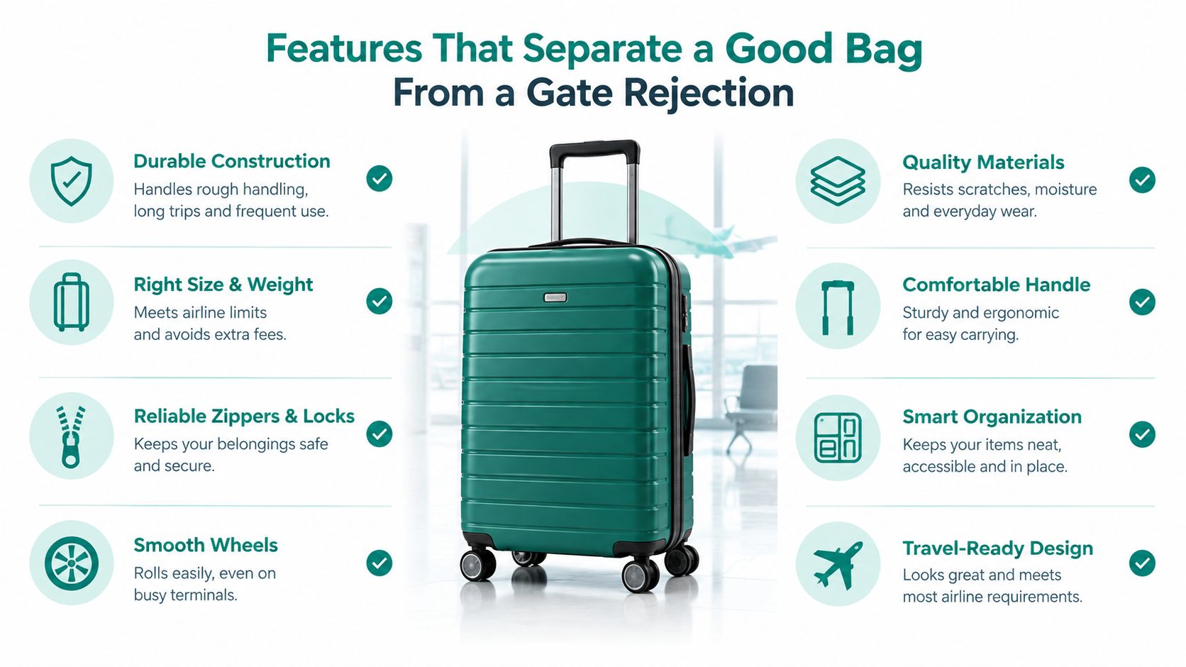A green carry-on suitcase centered with text highlighting features for choosing a durable travel bag.