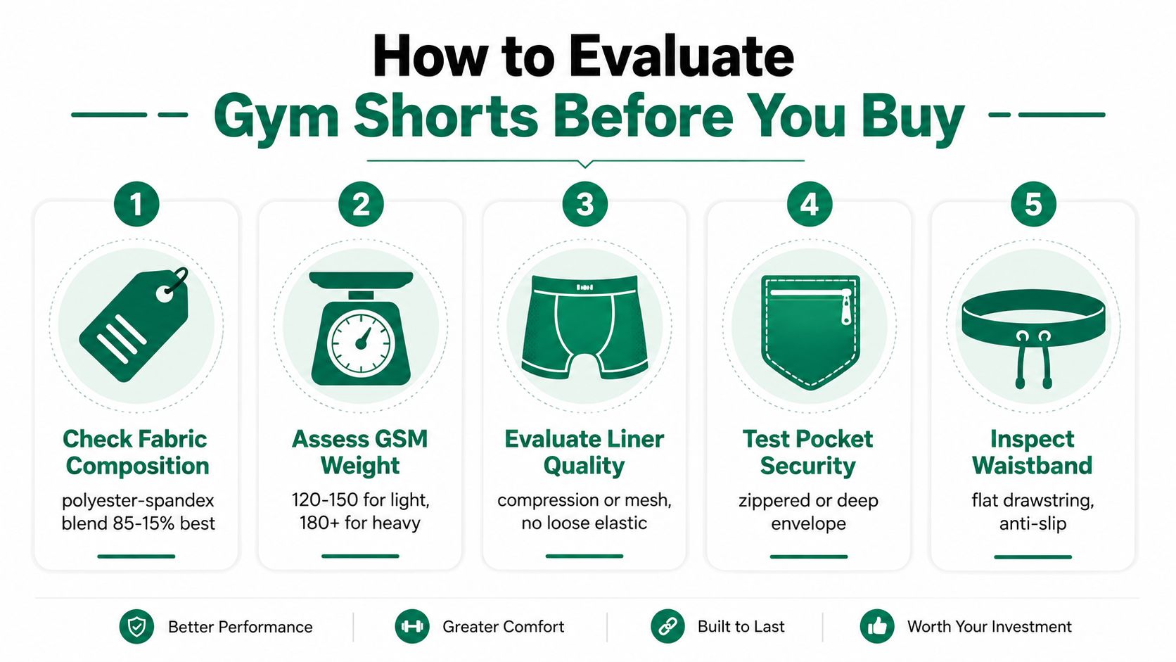 An infographic titled How to Evaluate Gym Shorts Before You Buy outlining five key quality criteria.