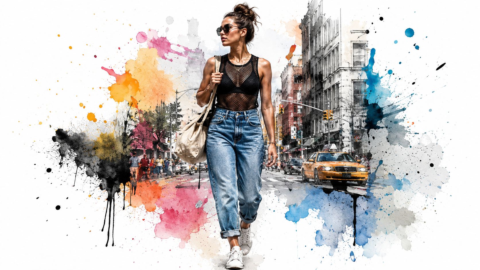 A stylish woman in a mesh tank top and jeans walks down a vibrant, watercolor-styled city street.