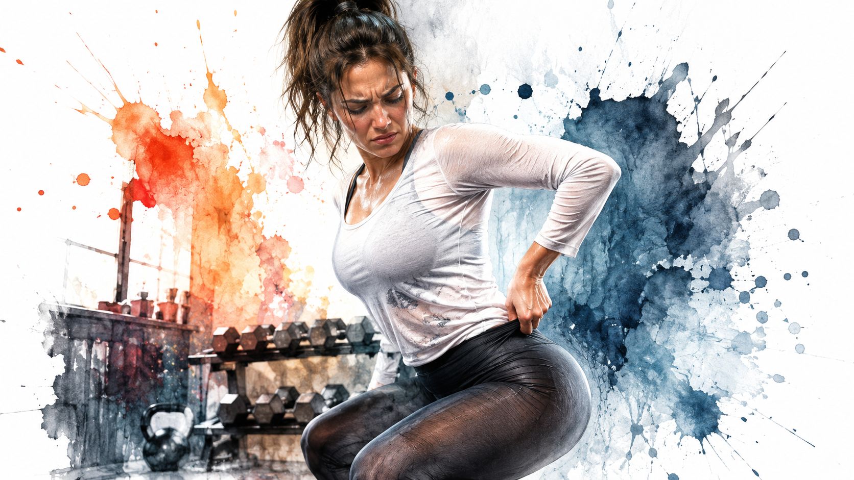 A sweaty woman wearing fitness apparel performing a squat exercise in a gym with artistic watercolor background