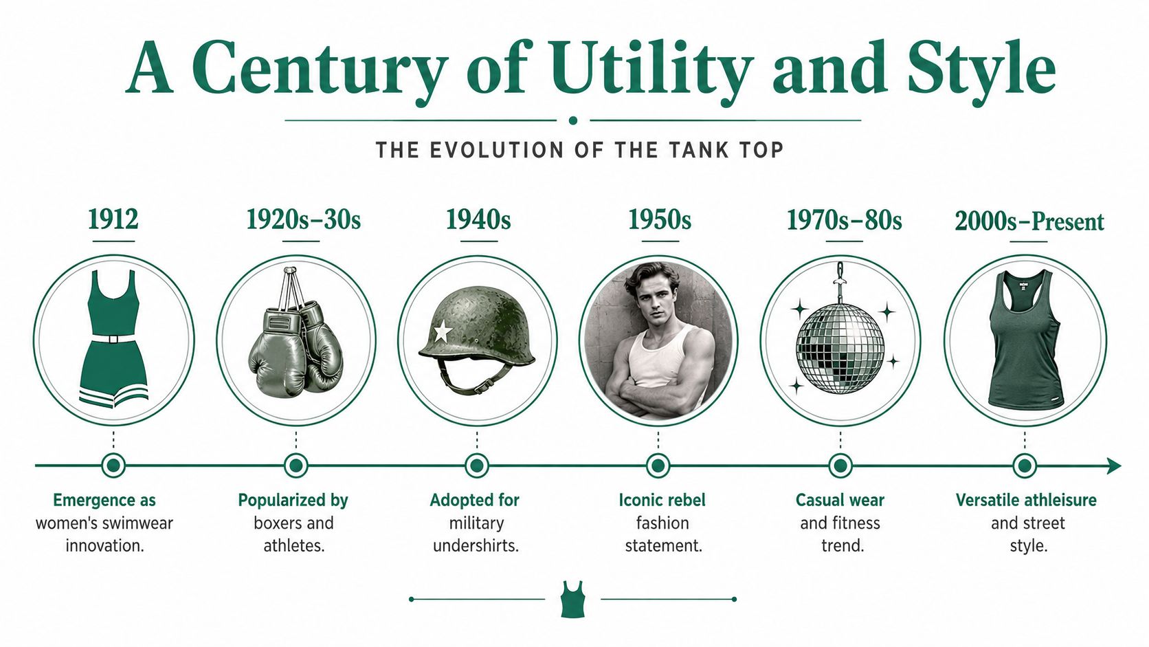 A timeline graphic illustrating the evolution of the tank top from 1912 to the present day.