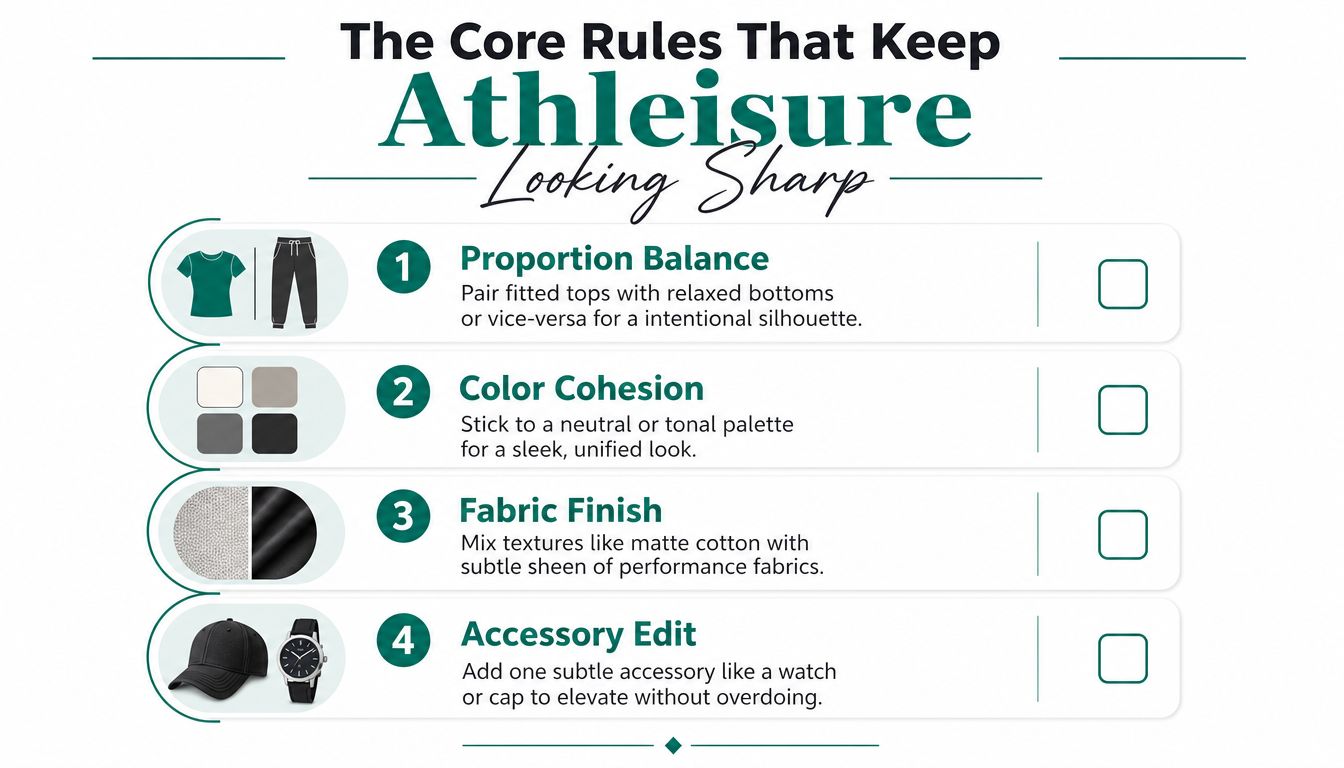 An infographic titled The Core Rules That Keep Athleisure Looking Sharp showing four style tips.