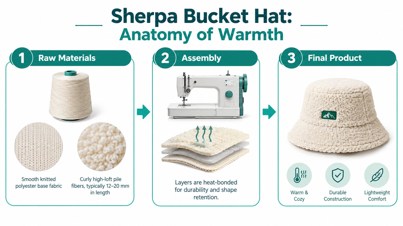 A diagram illustrating the production process of a sherpa bucket hat from raw materials to assembly.