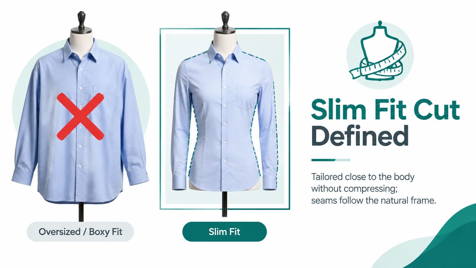 A comparison between an oversized boxy fit shirt and a tailored slim fit shirt on mannequins.