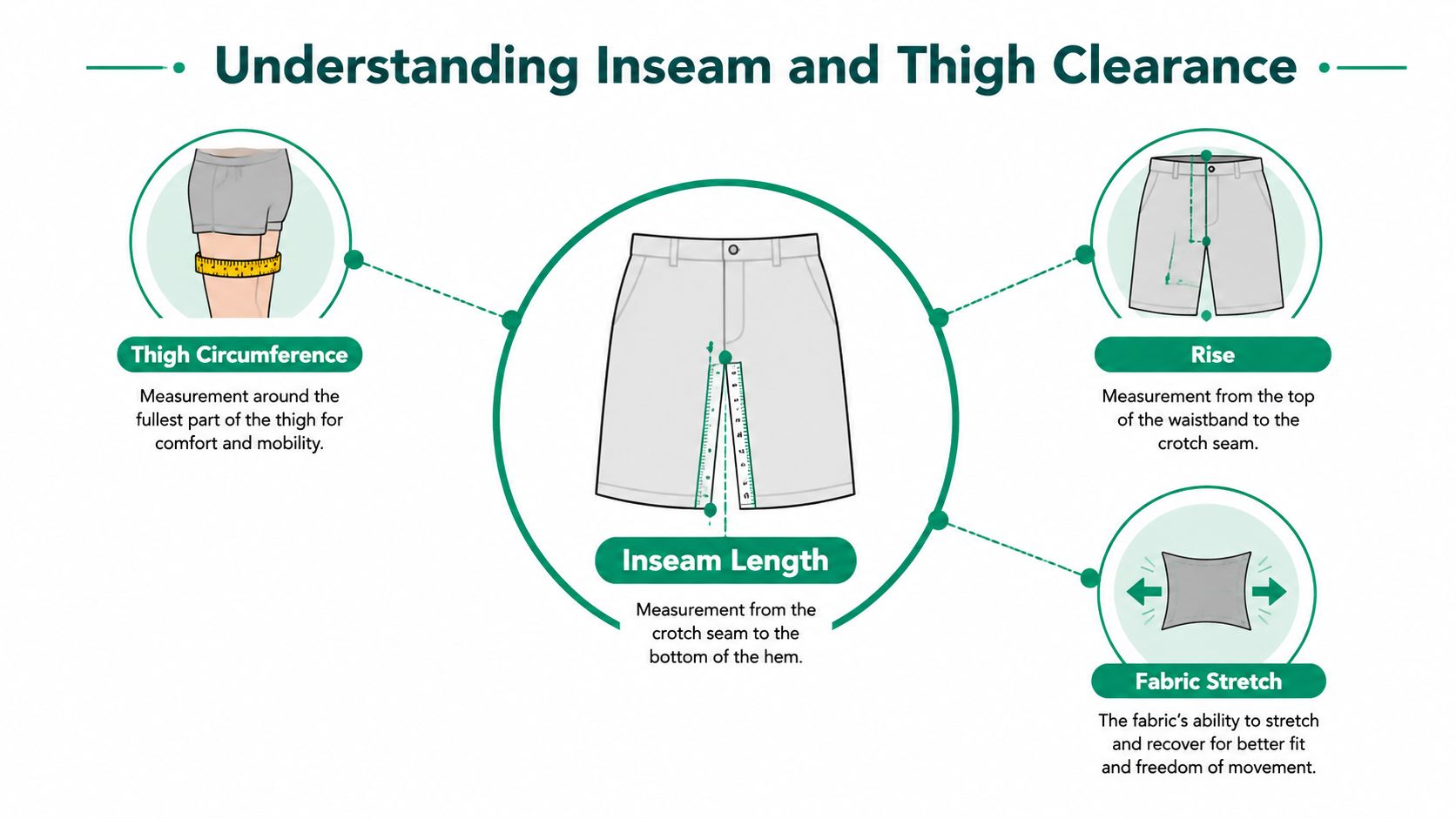 A diagram explaining clothing measurements for shorts, including inseam length, thigh circumference, rise, and fabric stretch.
