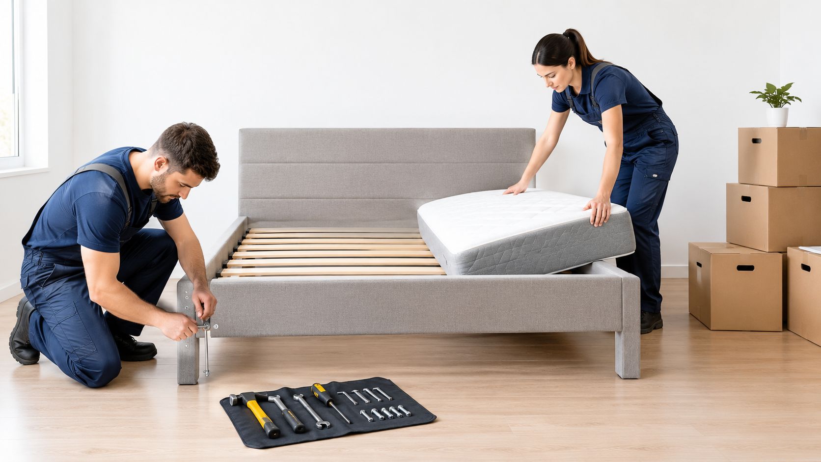 Ein professionelles Möbelmontage-Team baut gemeinsam ein graues Bett in einem hellen, leeren Zimmer auf.