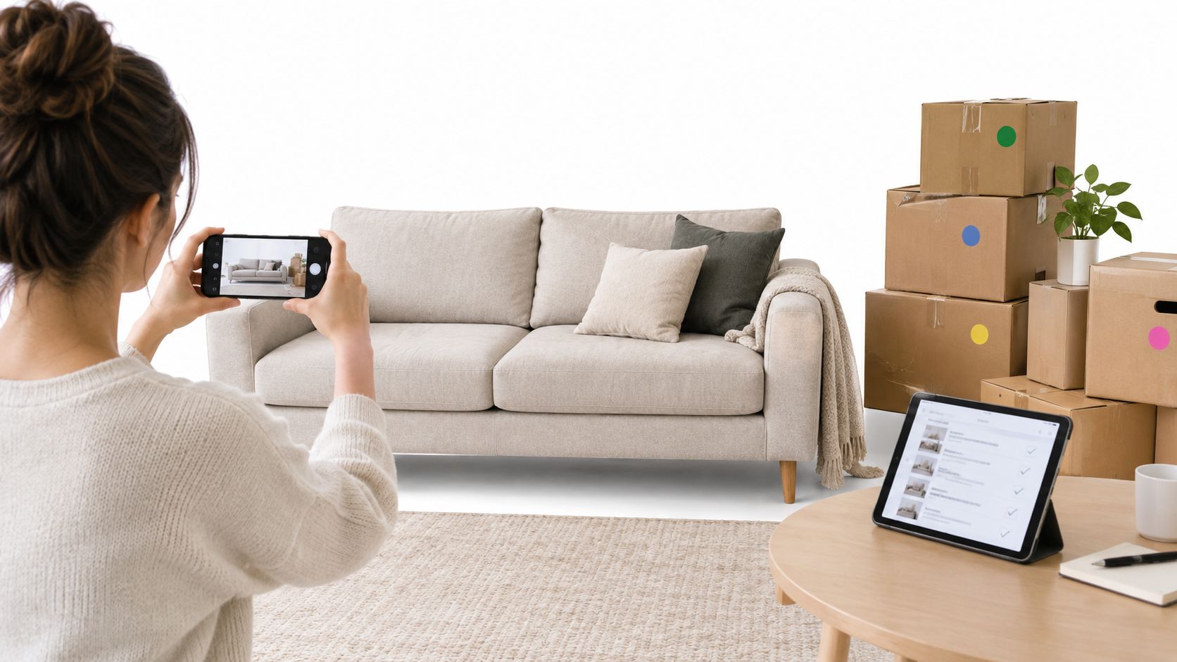 Eine Frau fotografiert ein Sofa in einem Raum mit Umzugskartons und einer Checkliste auf dem Tablet.
