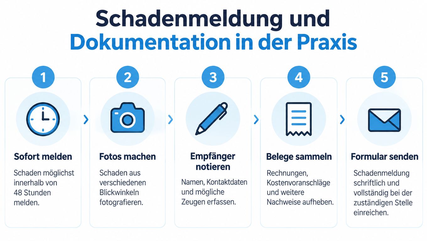 Eine Infografik mit fünf Schritten zur korrekten Schadensmeldung und Dokumentation bei einem Umzug oder Transport.