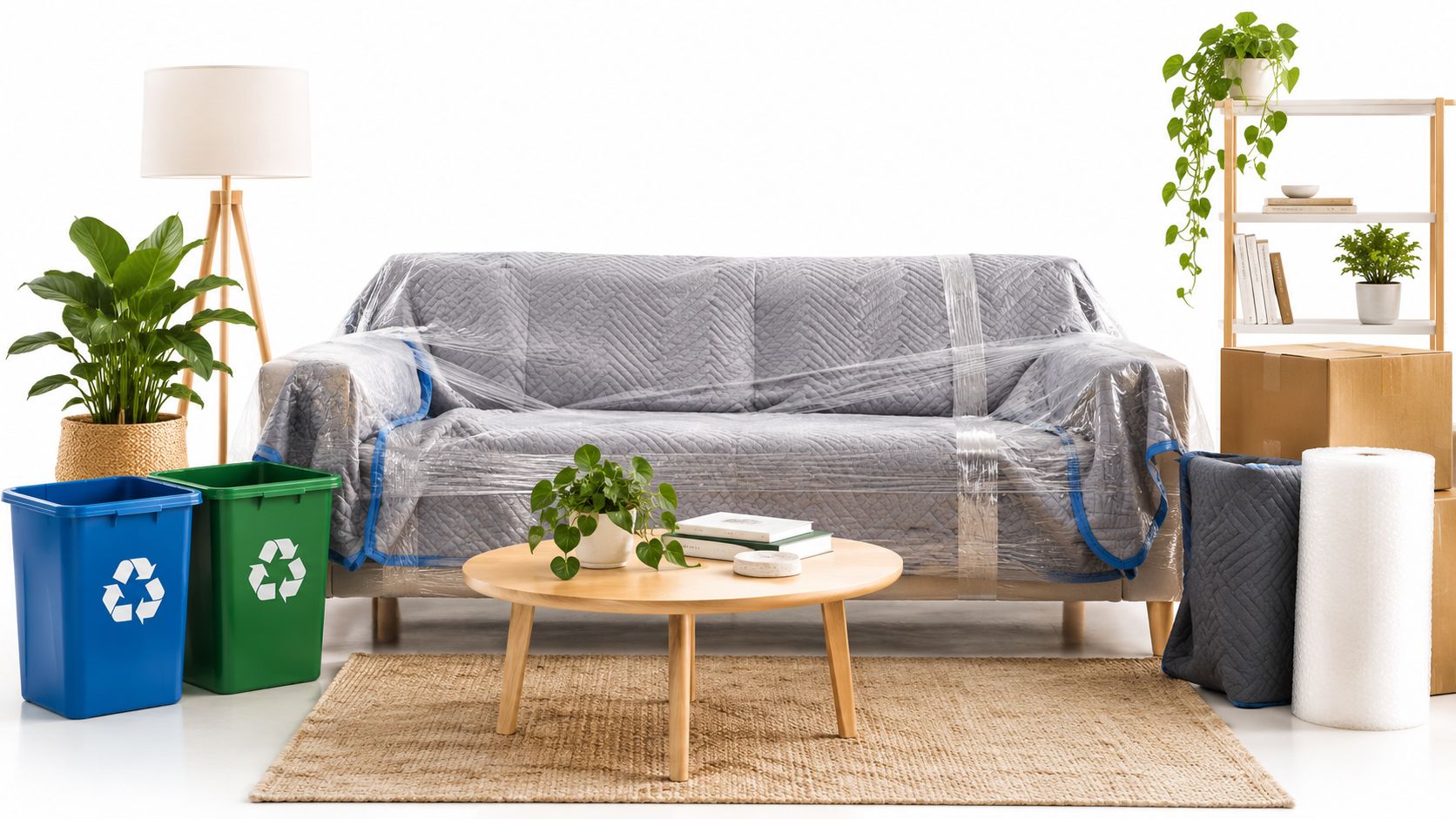 Ein verpacktes Sofa mit Umzugskartons, Recyclingtonnen und Pflanzen in einem hellen, aufgeräumten Wohnzimmer beim Umzug.