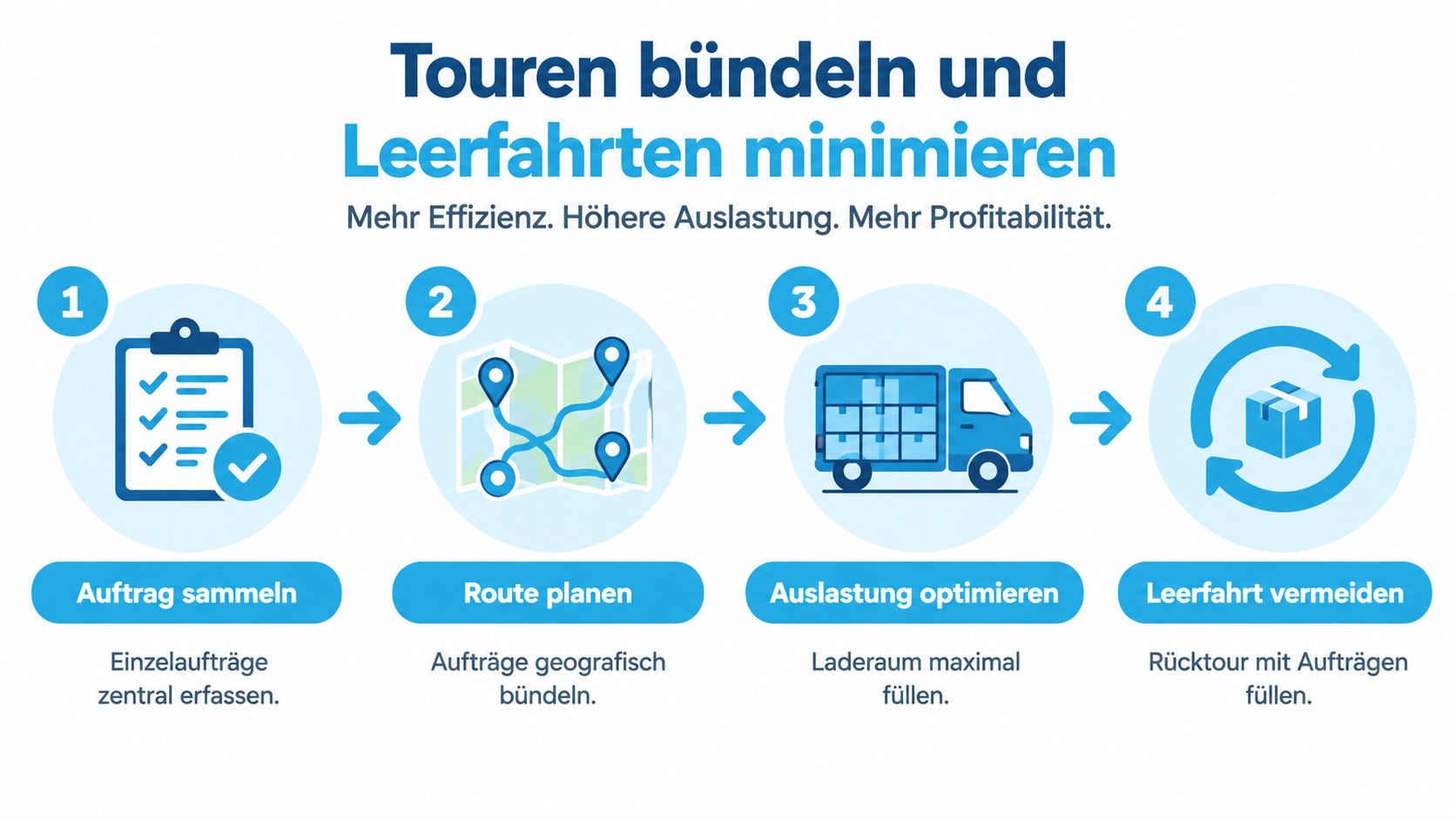 Eine Infografik mit vier Schritten zur Bündelung von Touren, um Leerfahrten zu minimieren und die Auslastung zu steigern.