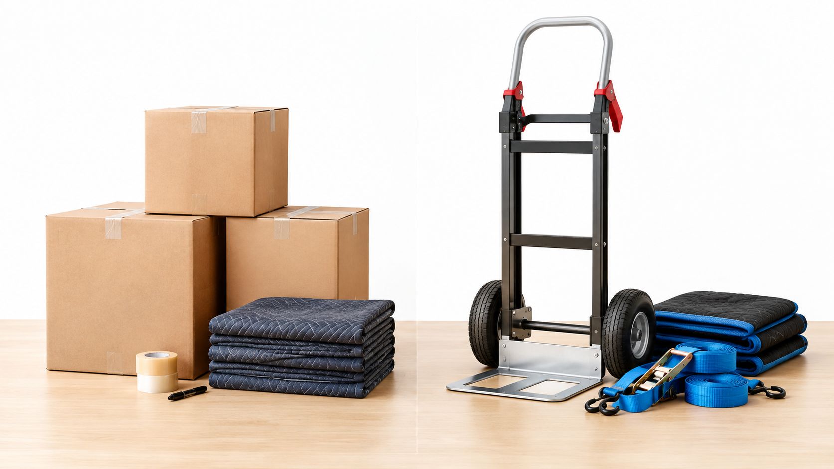 Verschiedene Umzugskartons, eine Sackkarre, Decken und Packmaterial für einen professionellen Umzug auf einem hellen Holztisch.
