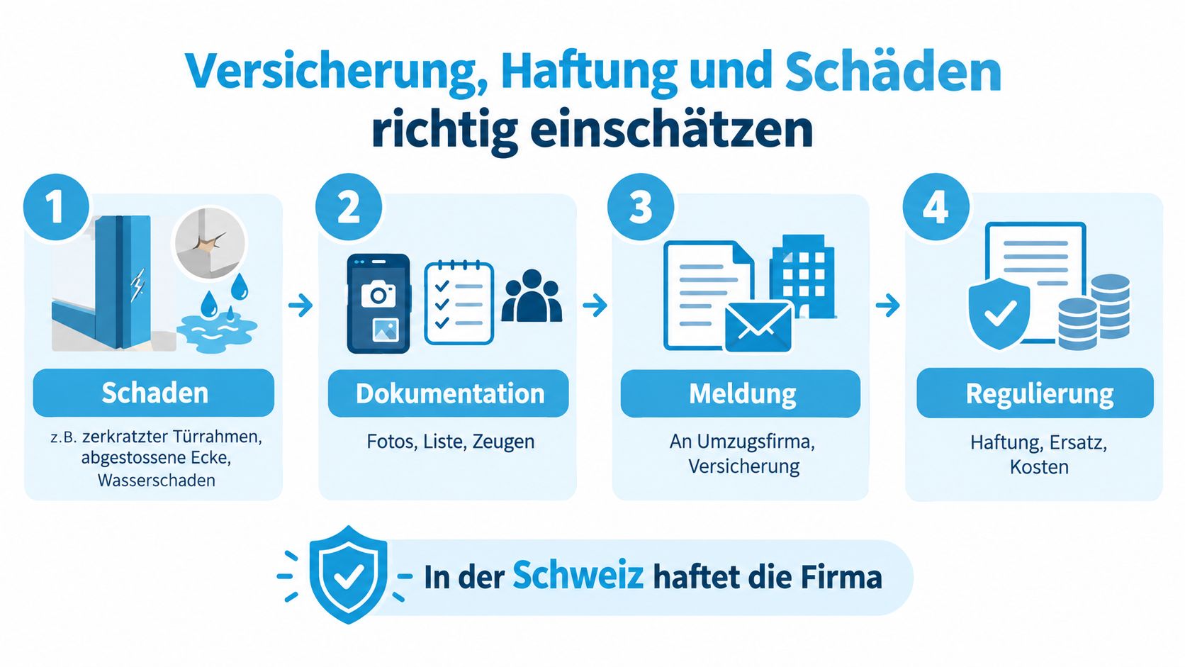 Eine Infografik mit vier Schritten zur Meldung und Abwicklung von Umzugsschäden in der Schweiz für Kunden.
