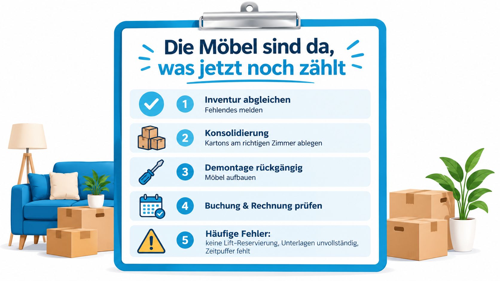 Eine Checkliste auf einem Klemmbrett mit fünf Schritten für den erfolgreichen Möbeltransport und den Umzug in ein neues Zuhause.