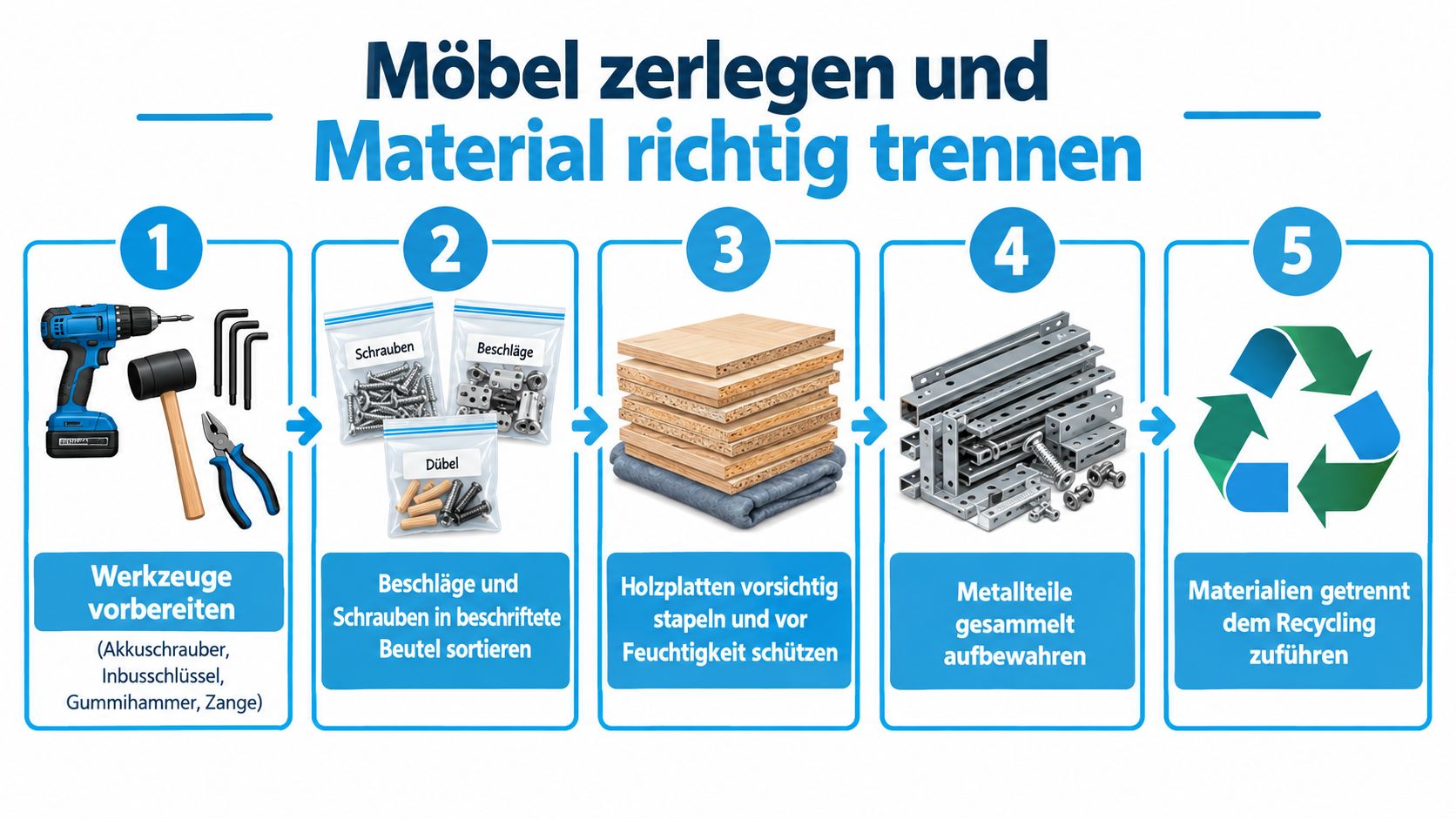 Infografik zur Anleitung für das fachgerechte Zerlegen von Möbeln und die korrekte Trennung der verschiedenen Materialien.
