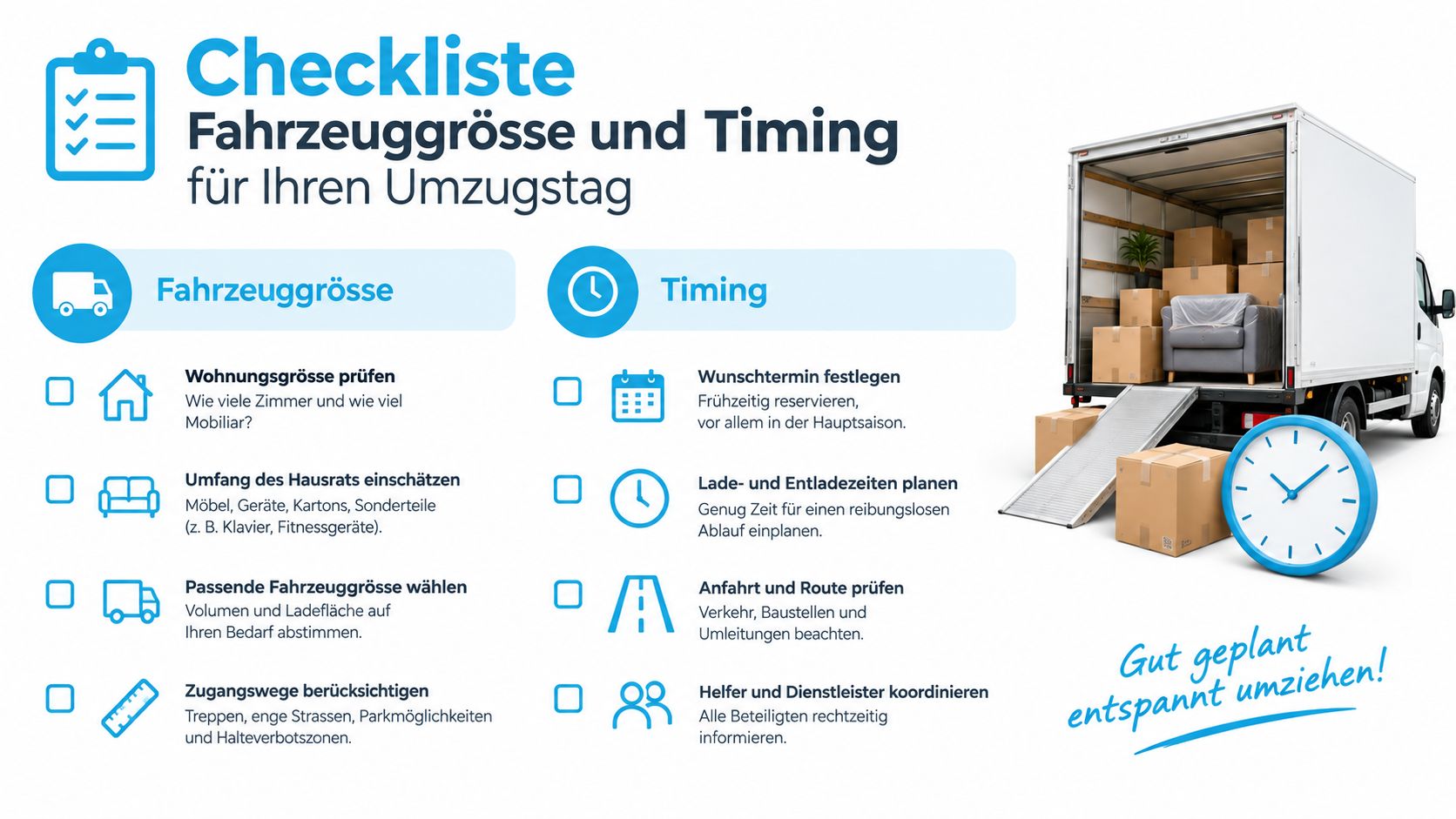 Eine anschauliche Checkliste für die Planung von Fahrzeuggröße und zeitlichem Ablauf bei einem bevorstehenden Umzug mit einem Umzugswagen.
