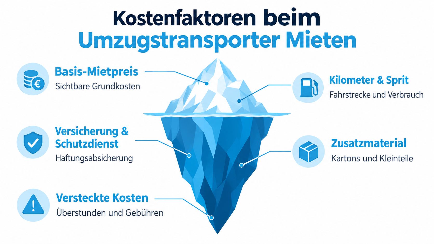 Eine Infografik illustriert als Eisbergmodell die sichtbaren und versteckten Kosten beim Mieten eines Umzugstransporters.