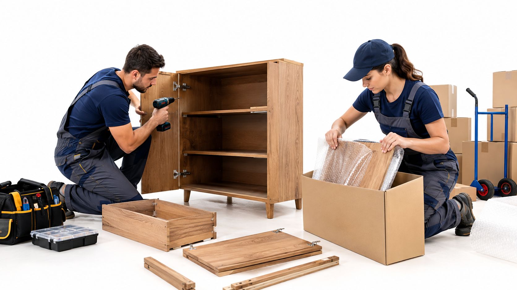 Ein Handwerker und eine Handwerkerin montieren gemeinsam ein neues Holzregal und verpacken Einzelteile in Kartons.