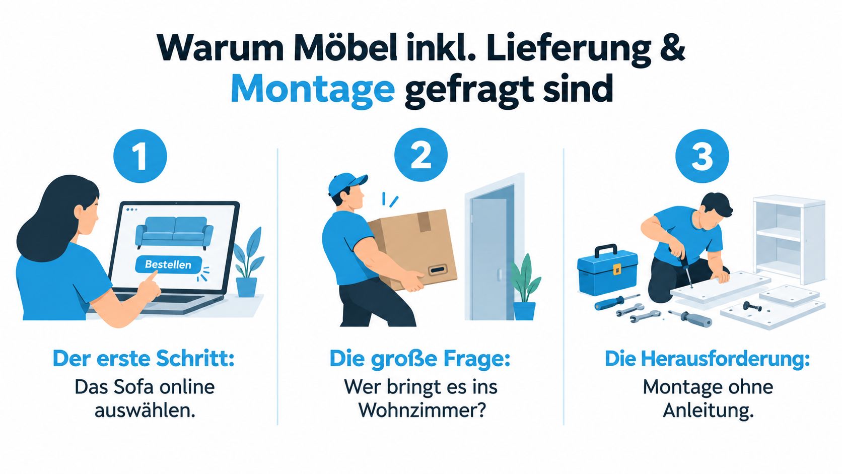 Eine dreiteilige Infografik zeigt die Schritte von der Online-Möbelbestellung bis zur Lieferung und dem Aufbau zu Hause.