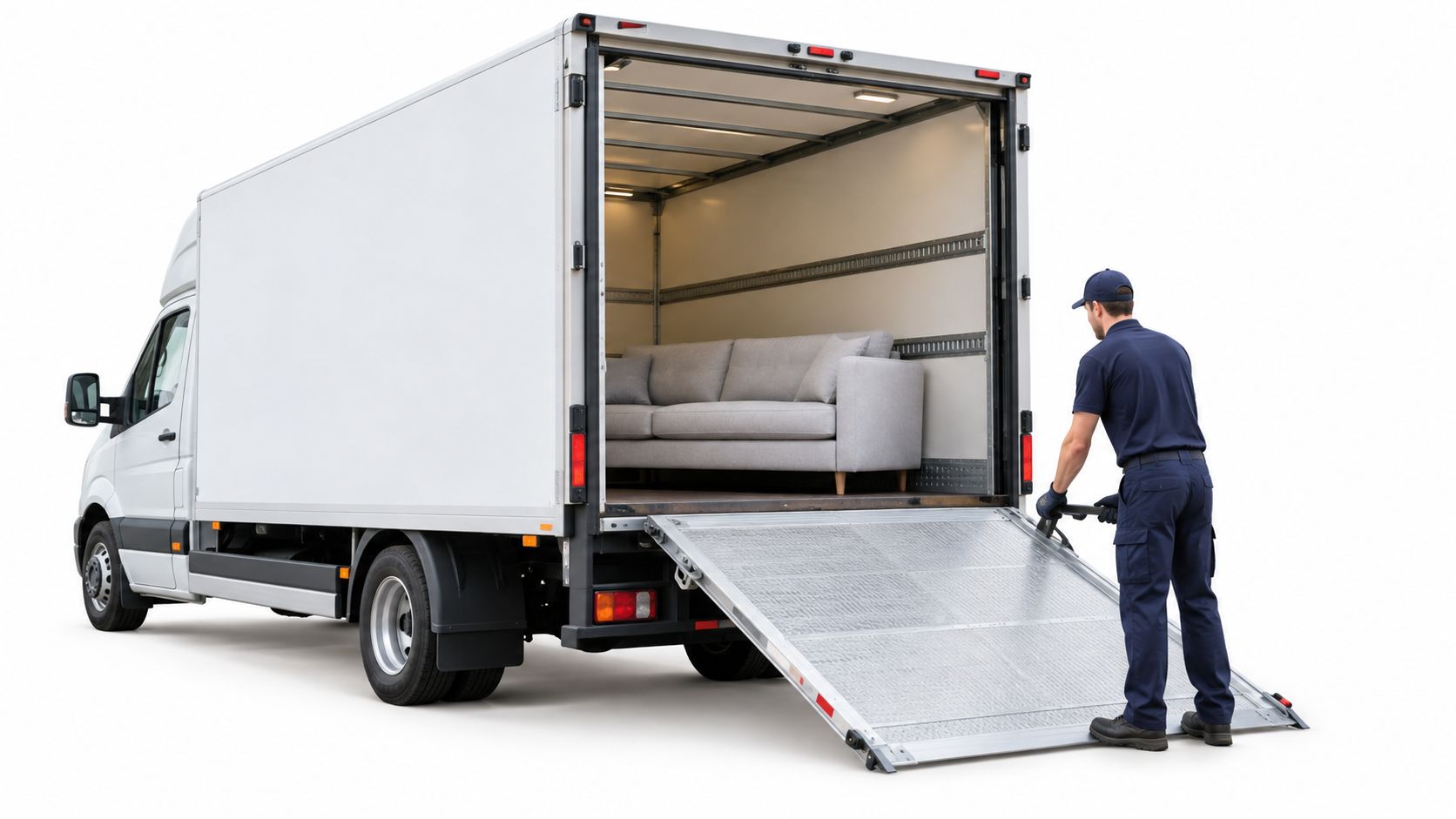 Ein Lieferfahrer bereitet sich darauf vor, ein Sofa mit einer Hebebühne von einem Lastwagen zu entladen.