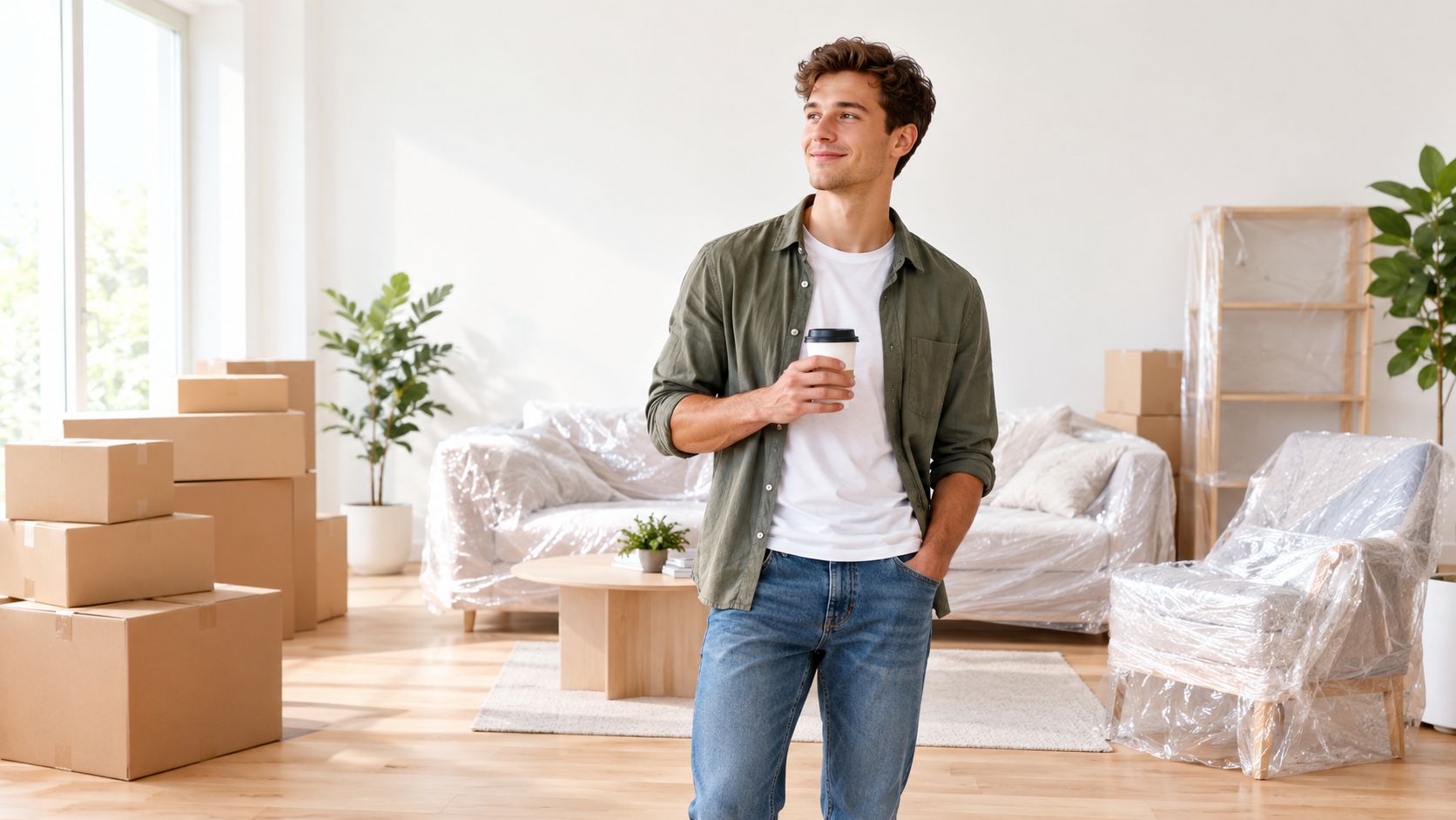 Ein junger Mann mit einem Kaffeebecher steht in einem neuen, mit Umzugskartons gefüllten Wohnzimmer und lächelt.