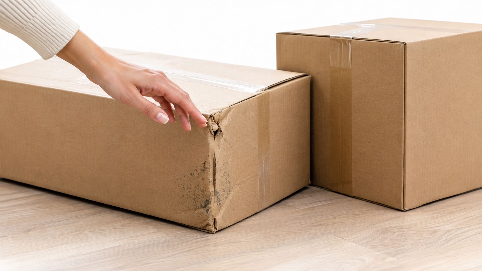 Eine Hand berührt einen beschädigten Umzugskarton, der neben einem weiteren Karton auf dem Boden steht.