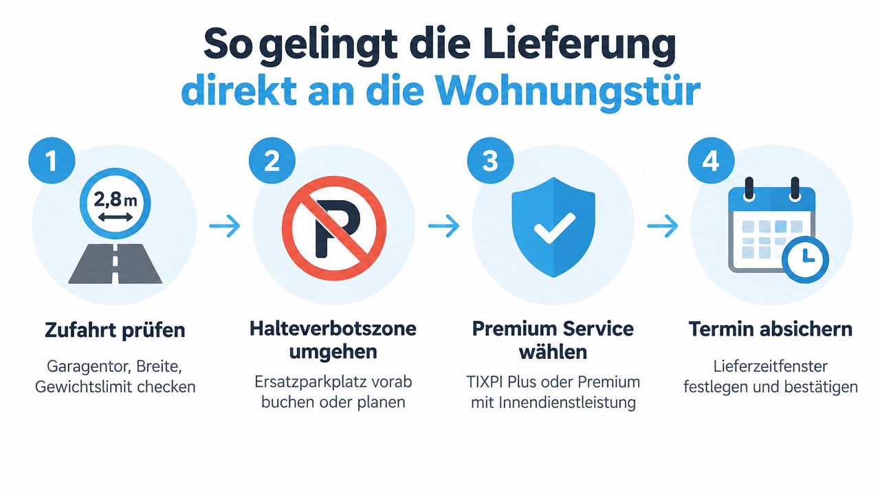 Eine Infografik erklärt in vier Schritten, wie man die Lieferung von Möbeln bis zur Wohnungstür vorbereitet.