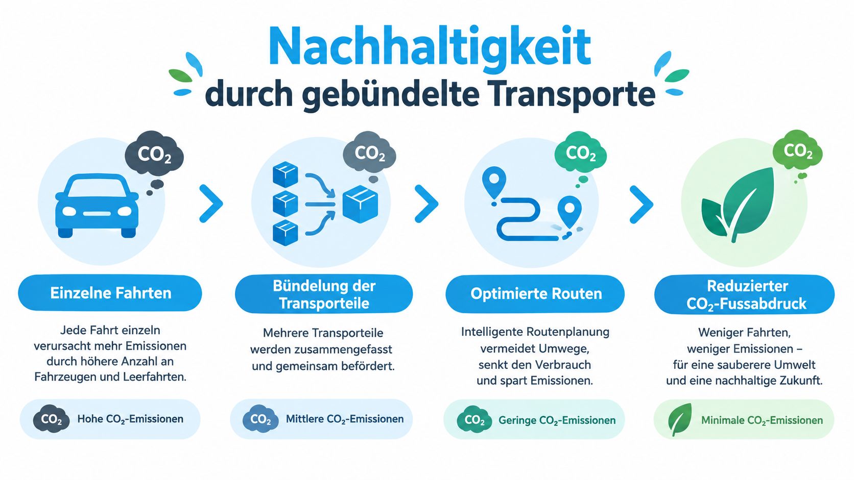 Eine Infografik zeigt, wie gebündelte Transporte und optimierte Routen den CO2-Fußabdruck nachhaltig reduzieren.