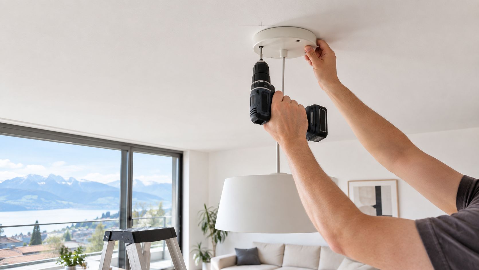 Ein Handwerker montiert eine moderne weiße Hängelampe an der Zimmerdecke mit einem Akkuschrauber in einem hellen Raum.