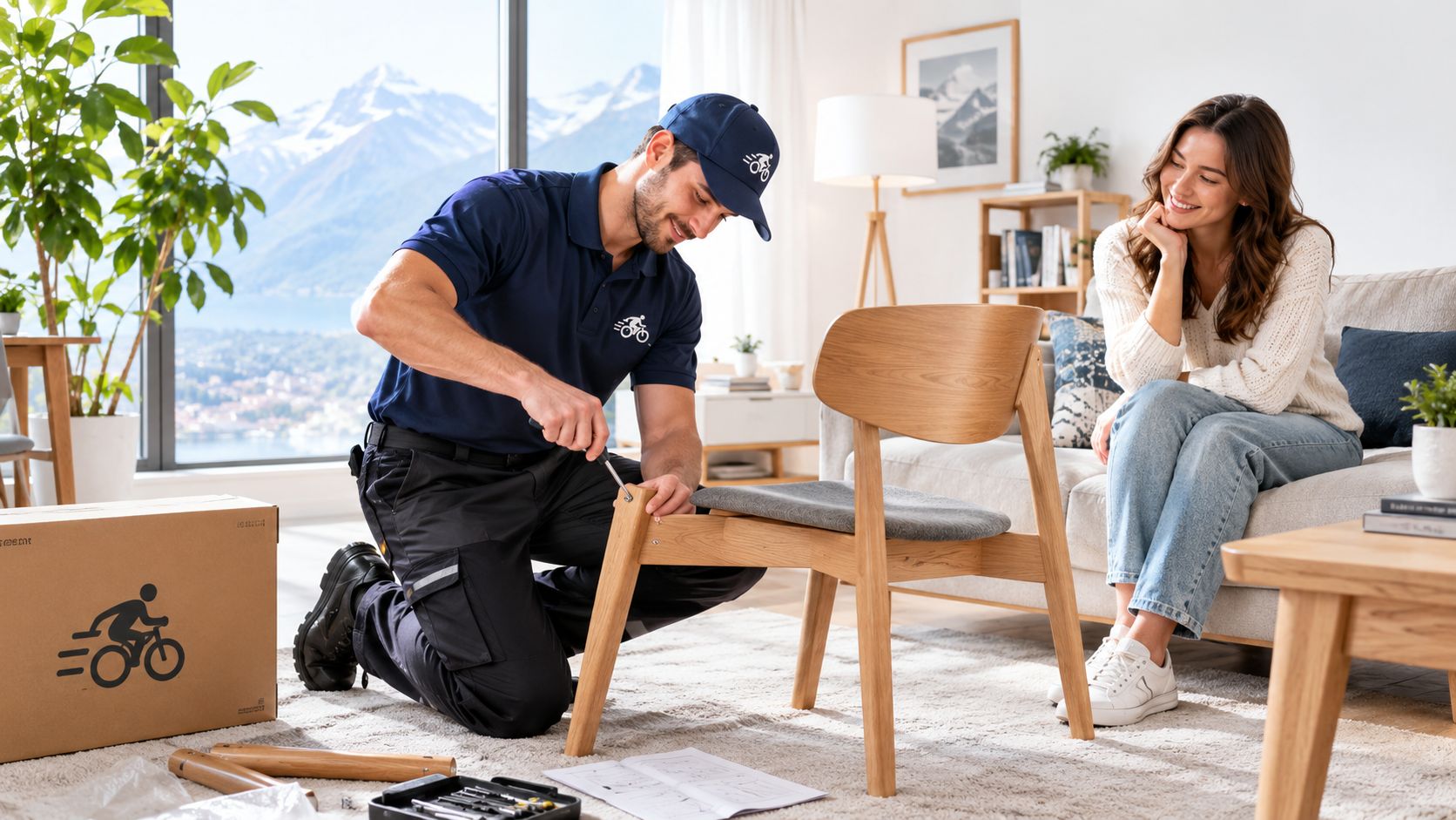 Ein Handwerker baut in einem hellen Wohnzimmer einen Stuhl zusammen, während eine Kundin freundlich zusieht.