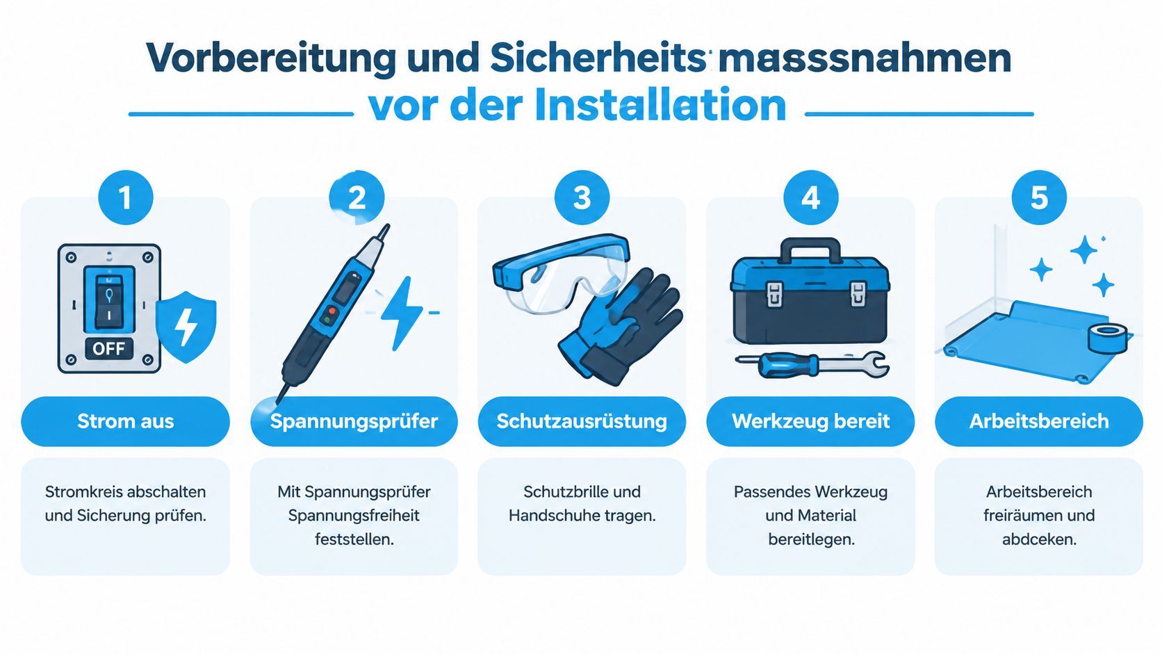 Infografik zeigt die fünf wichtigsten Vorbereitungs- und Sicherheitsschritte vor der elektrischen Installation von Lampen oder Geräten.