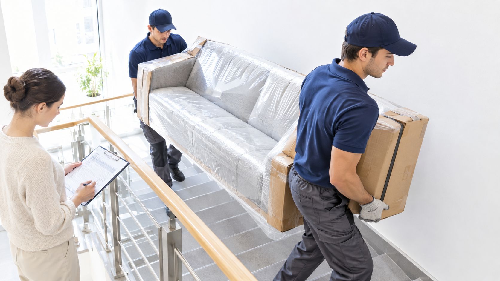 Zwei Umzugshelfer tragen ein in Folie verpacktes Sofa die Treppe hinunter, während eine Frau ein Klemmbrett hält.