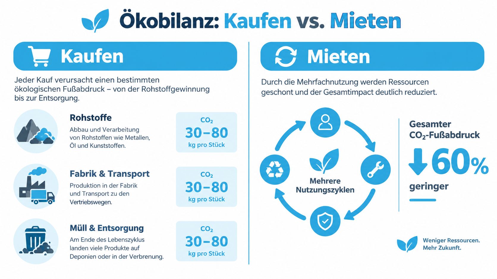 Infografik zum Vergleich der ökologischen Bilanz von Kaufen und Mieten zur Reduzierung des CO2-Fußabdrucks.