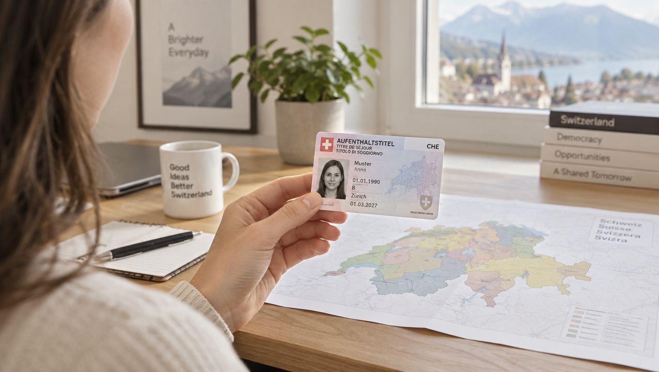 Eine Frau hält einen Schweizer Aufenthaltstitel in der Hand an einem Schreibtisch mit Landkarte und Notizbuch.
